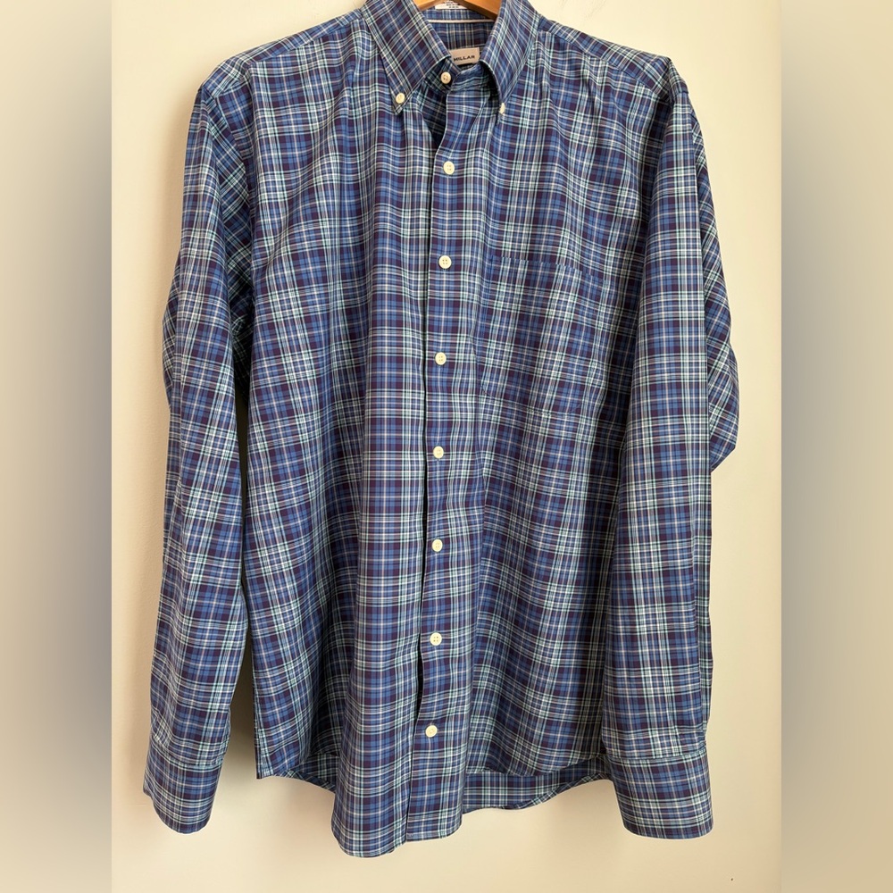 Peter Millar Blue and Purple Plaid Button Up Dress Shirt, Size Large